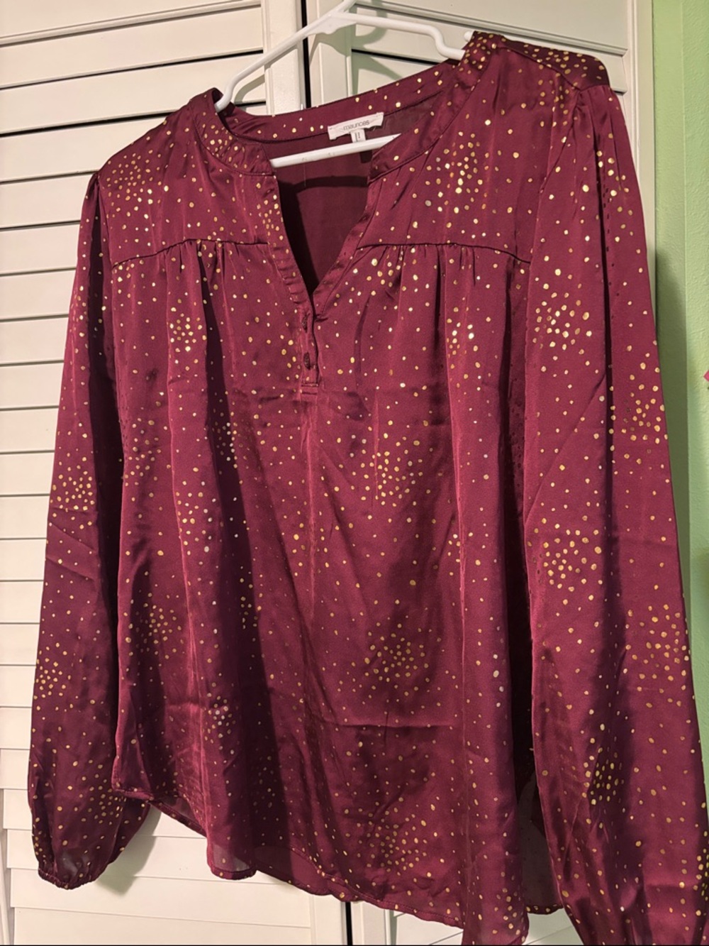 Maurices Maroon Blouse with Gold Dot Print